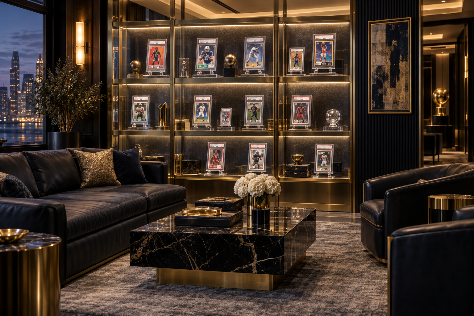 Inside the Gold Founders Lounge concept: black leather seating and illuminated glass shelves displaying graded sports cards