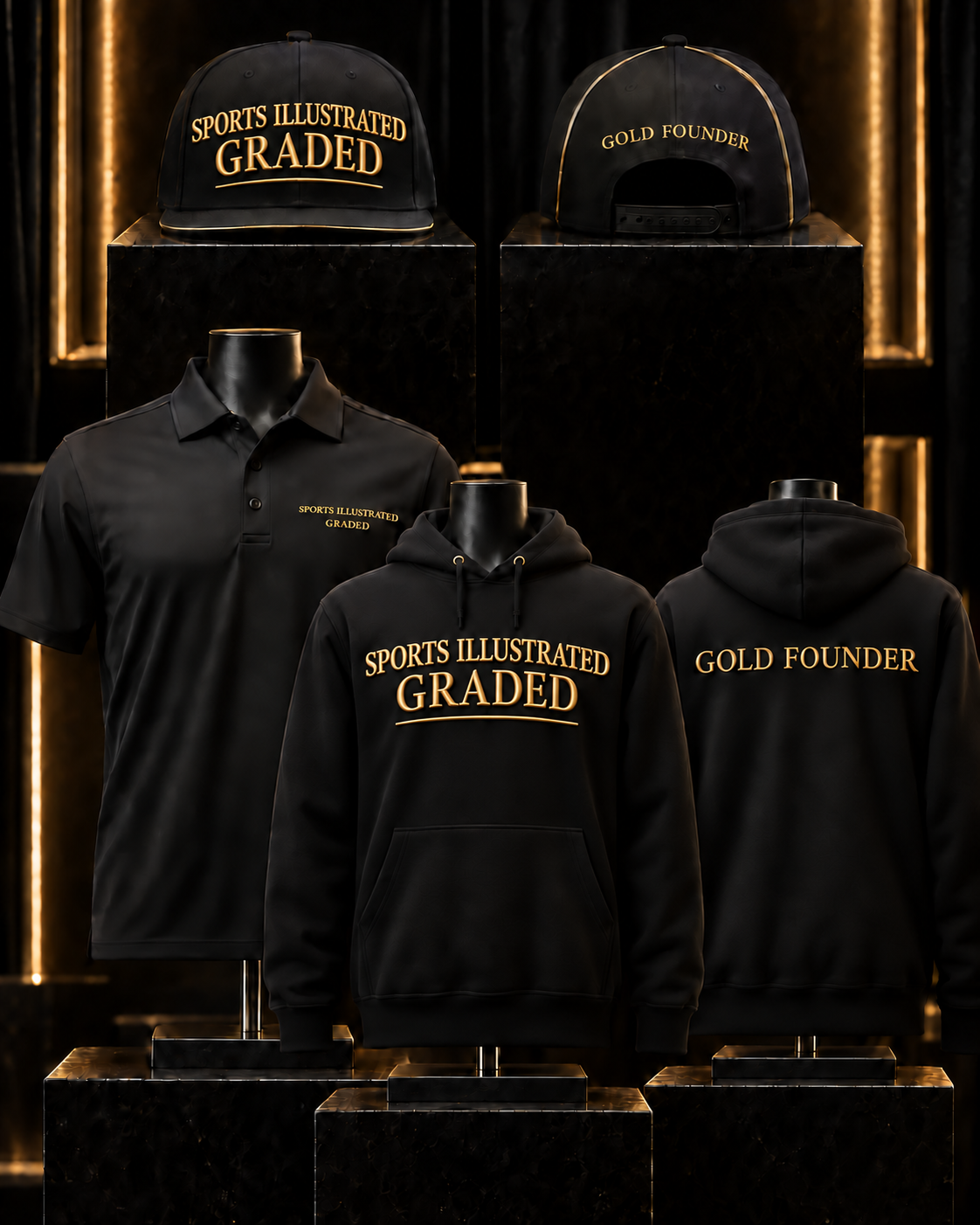 Approved black-and-gold Gold Founder hoodie, polo and snapback