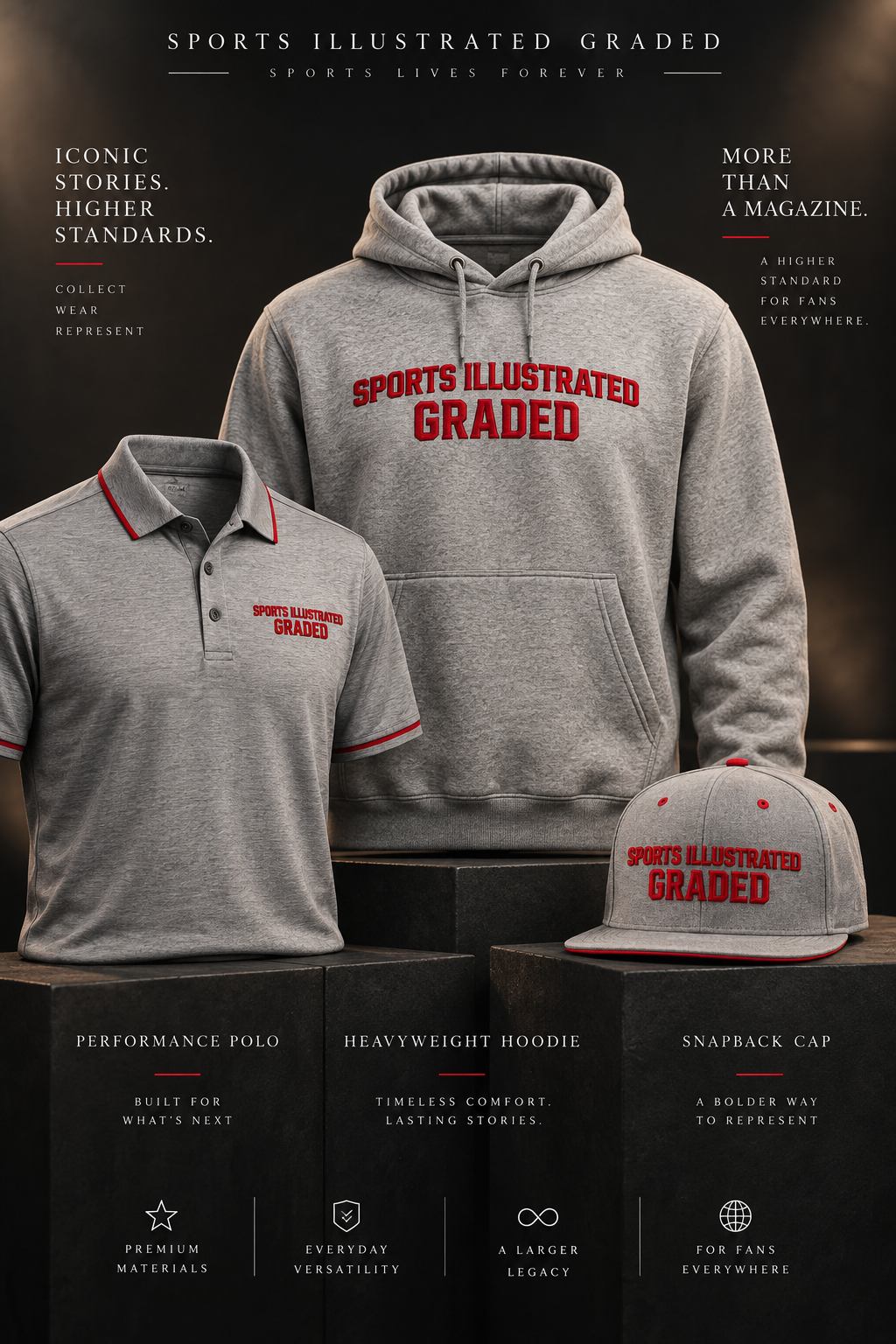 Approved gray Sports Illustrated Graded hoodie, polo and snapback with SI red details